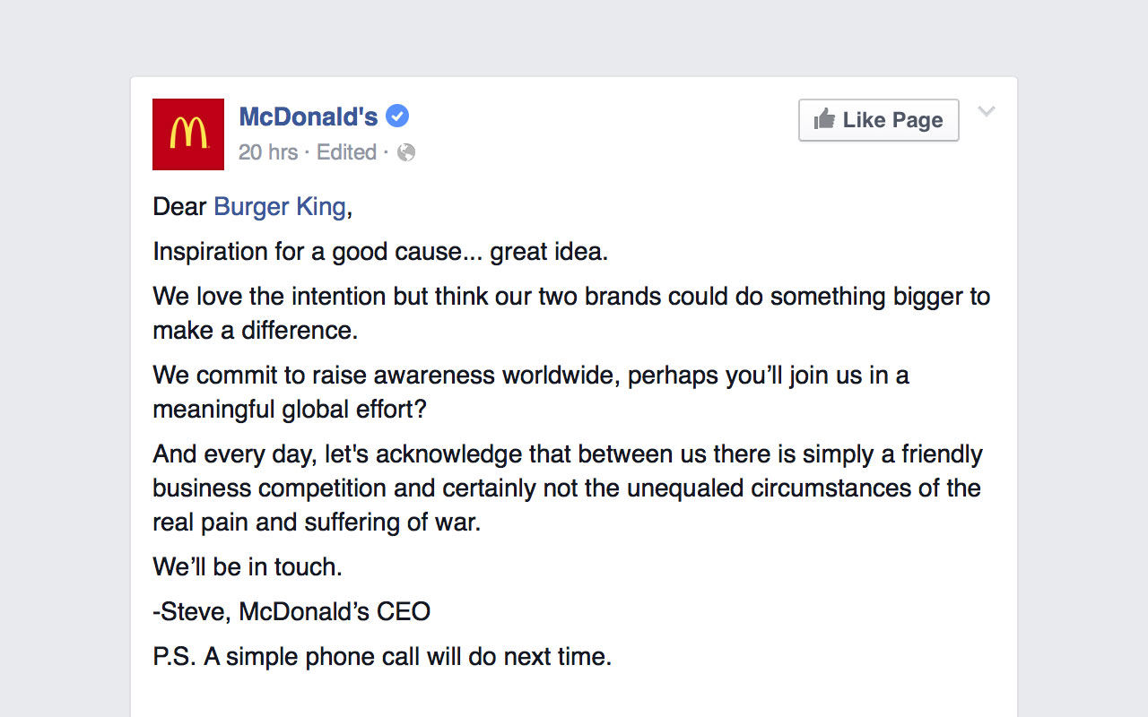 McDonalds vill inte ha fred i världen