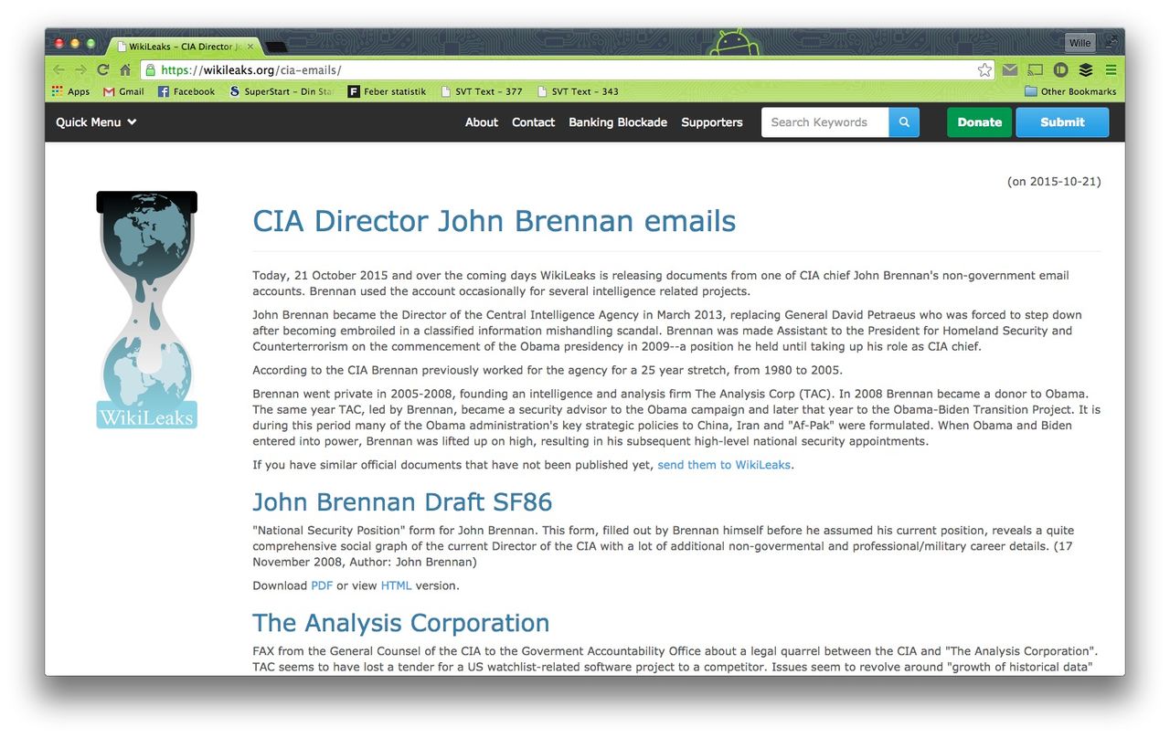 WikiLeaks publicerar hackade CIA-chefens epost