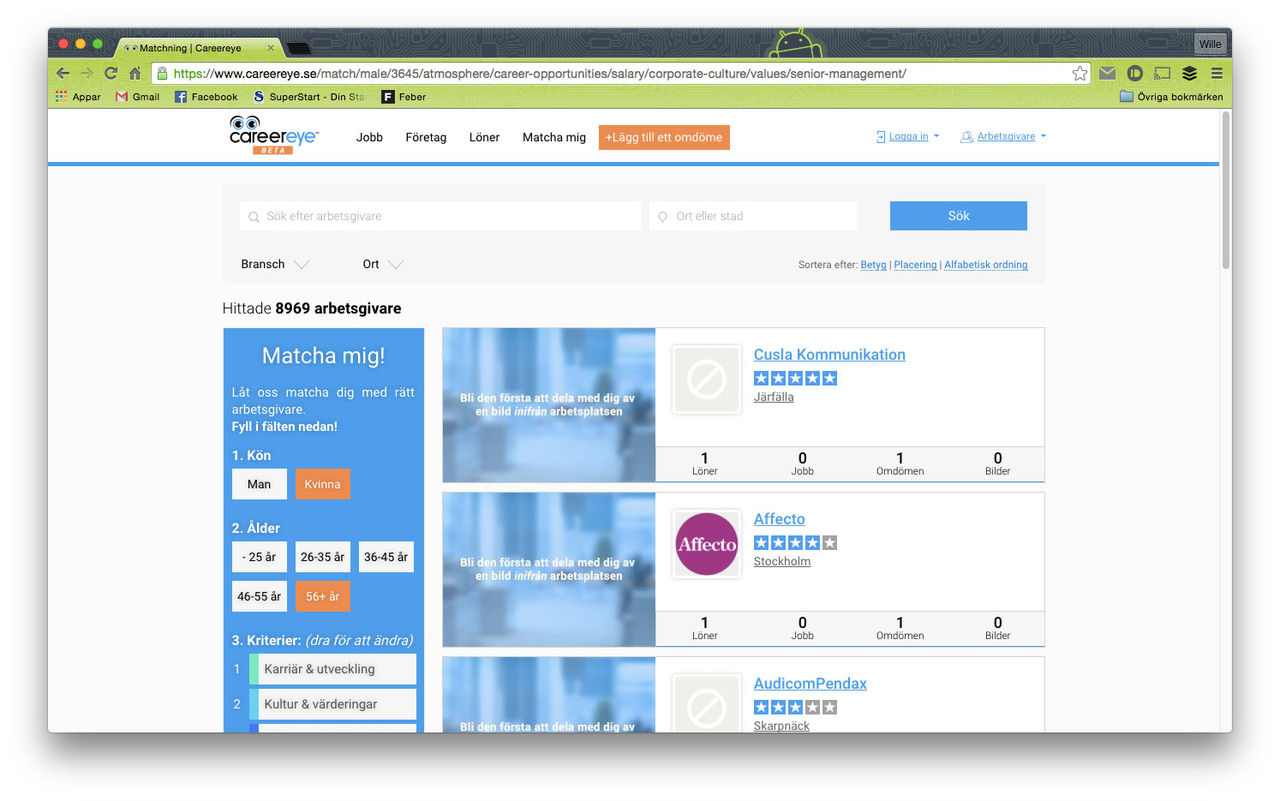 Betygssätt eller hitta arbetsgivare på CareerEye