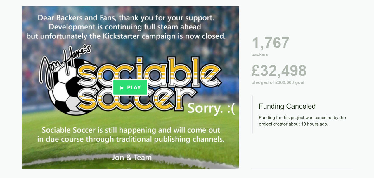 Kickstarterprojektet för Sociable Soccer har lagts ner