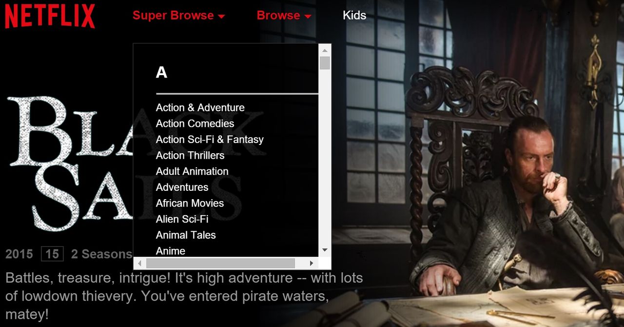 Super Browse ger dig tillgång till samtliga kategorier i Netflix