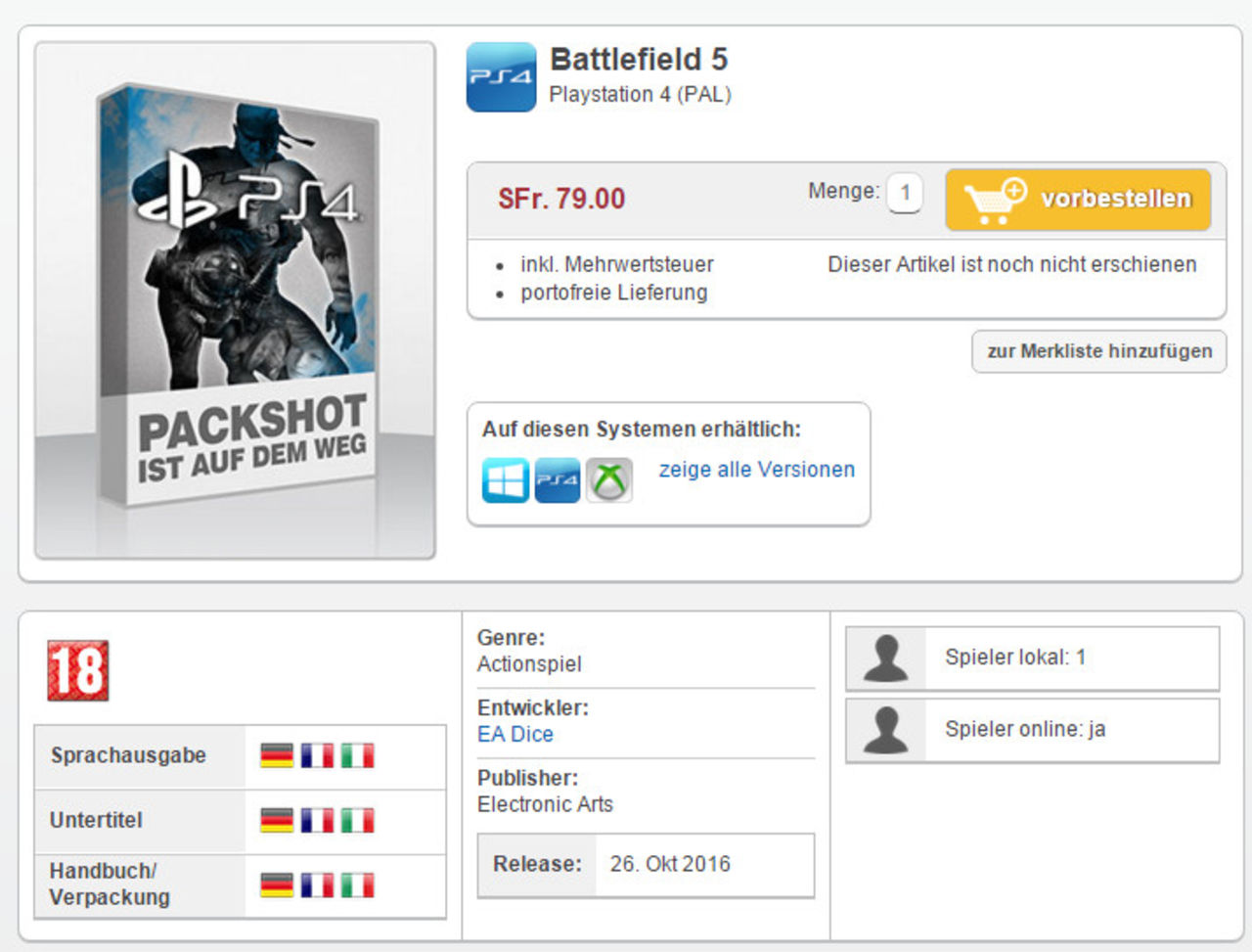 Battlefield 5 listat hos återförsäljare i Schweiz