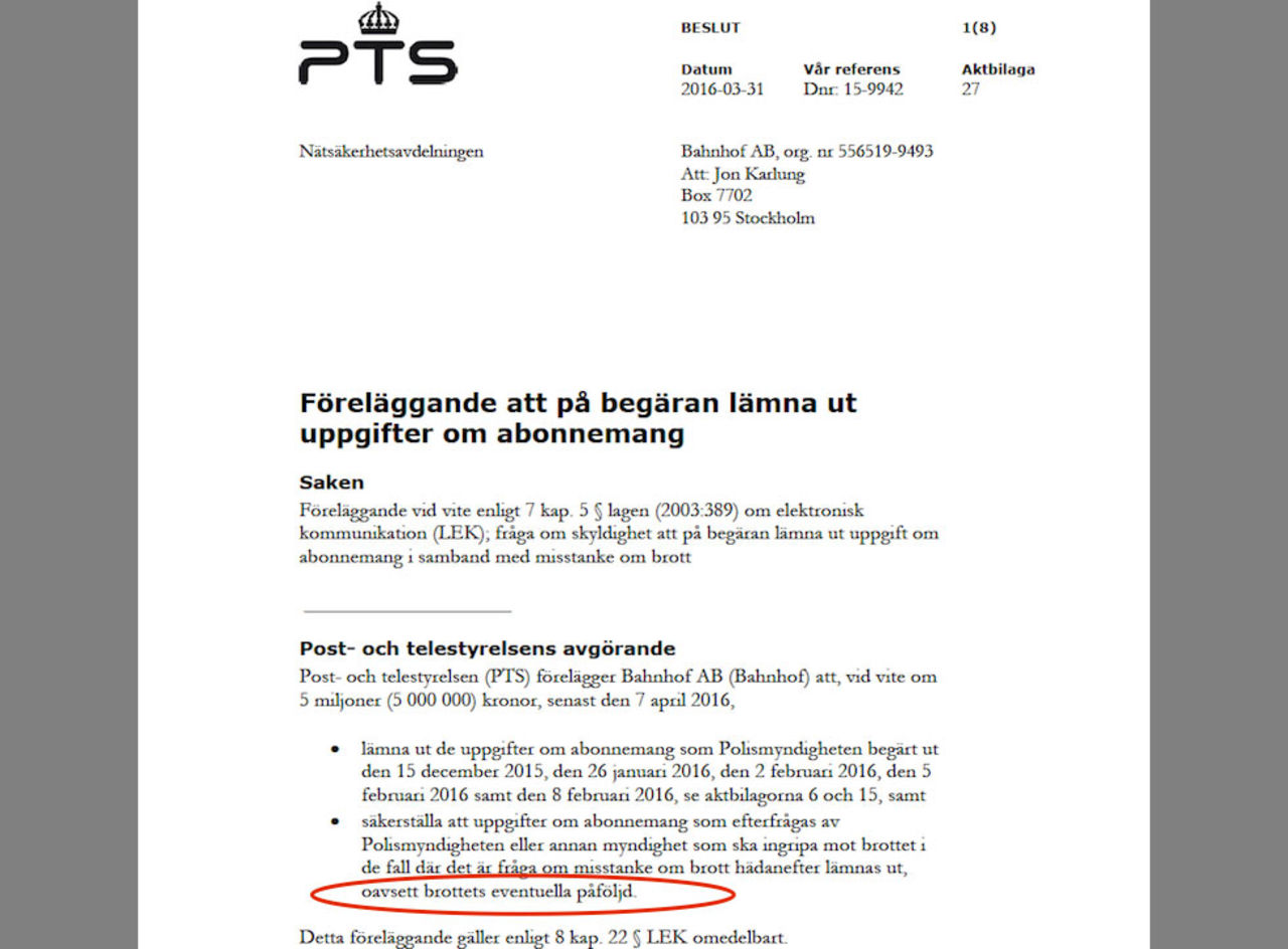 Bahnhof måste lämna ut uppgifter till polisen oavsett straffpåföljd