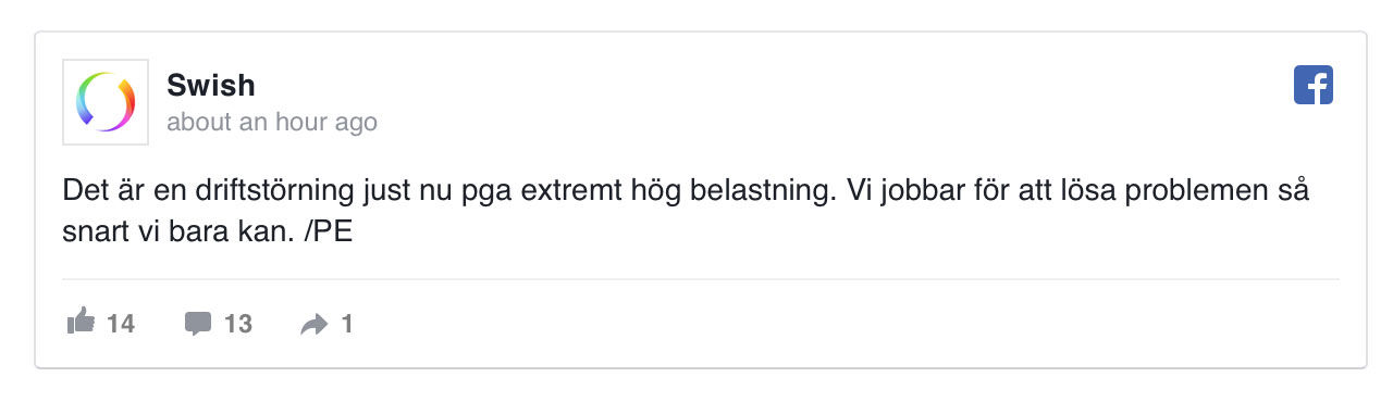 Swish ligger nere igen