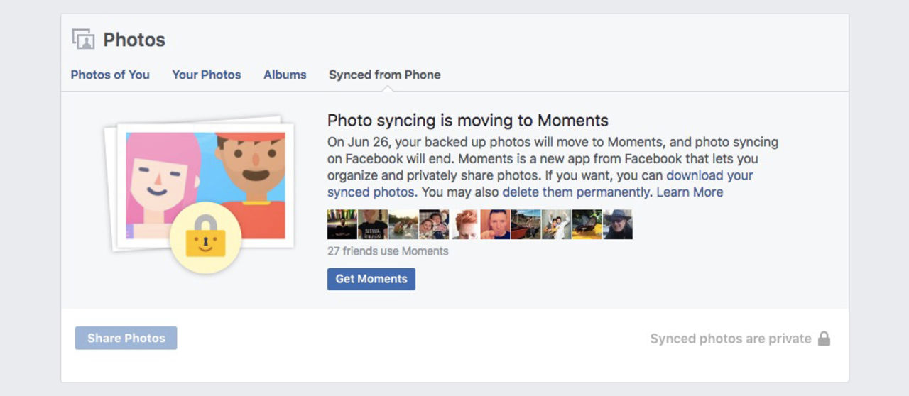 Facebook kommer radera synkade bilder om man inte installerar Moments