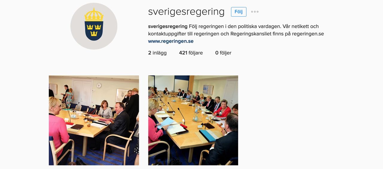 Sveriges regering har öppnat ett Instagramkonto. På sverigesregering