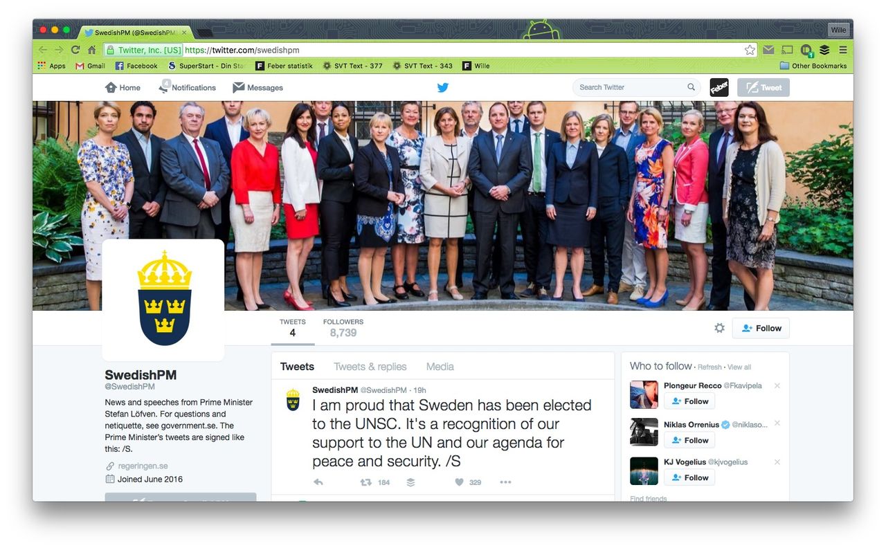 Nu finns statsministern på Twitter