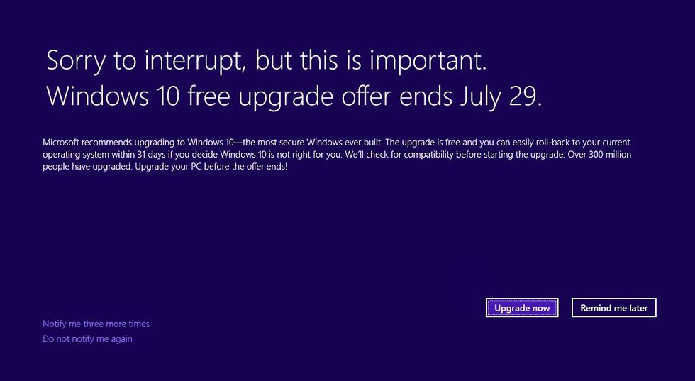Microsoft kör med fullskärmspåminnelse för Windows 10