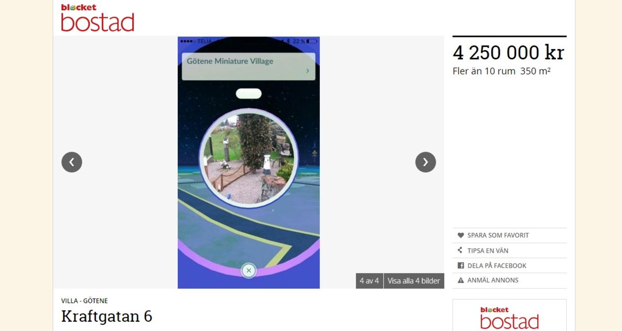 Hus med tillgång till Pokéstop säljes på Blocket