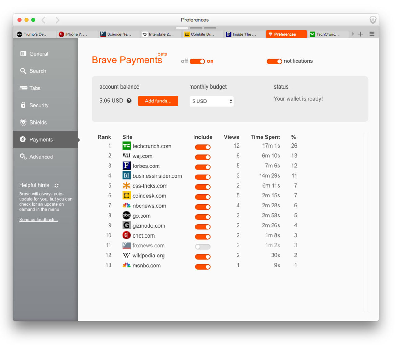 Betala dina favoritsajter med webbläsare Brave