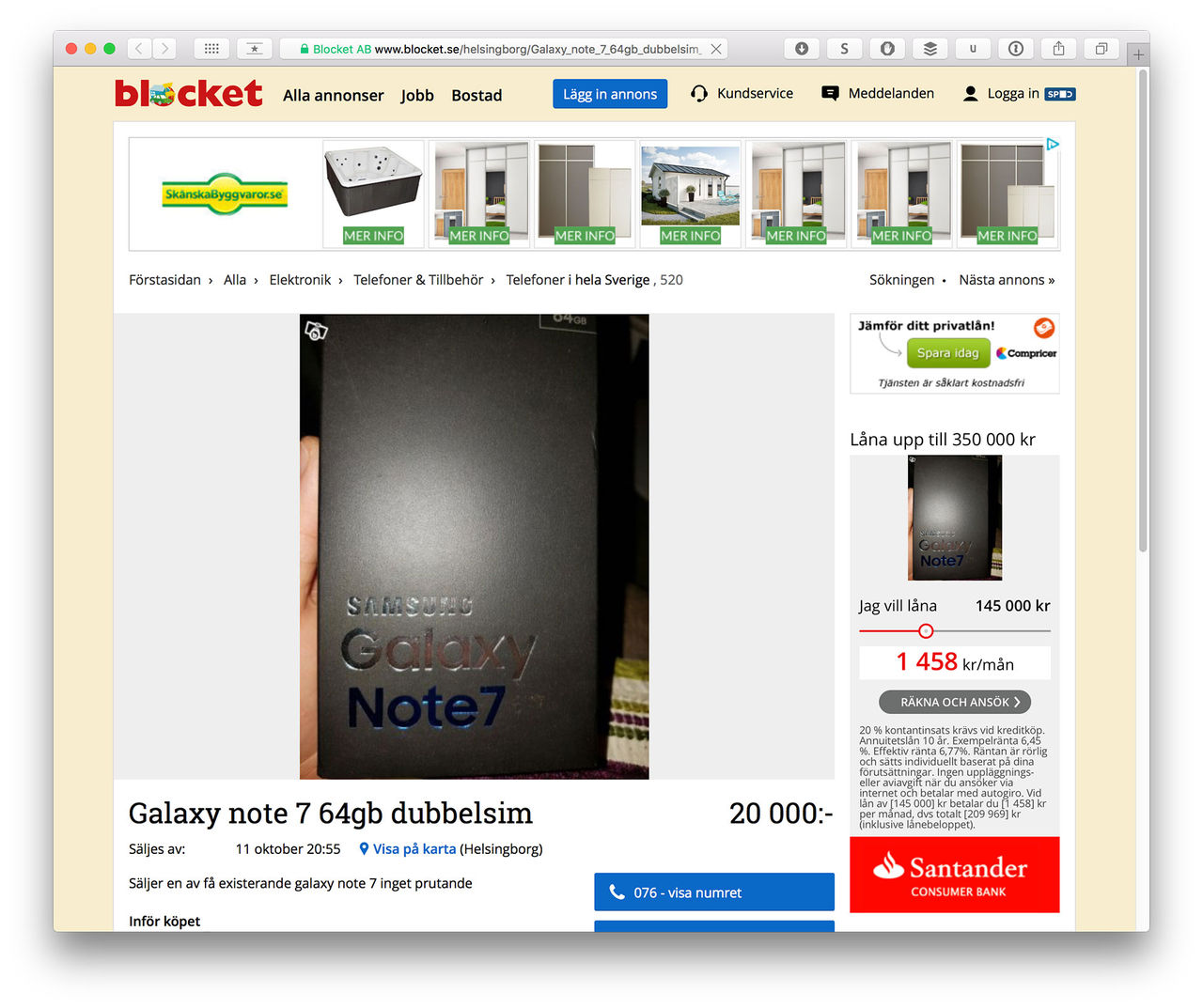 Samsung Galaxy Note7 säljs på Blocket