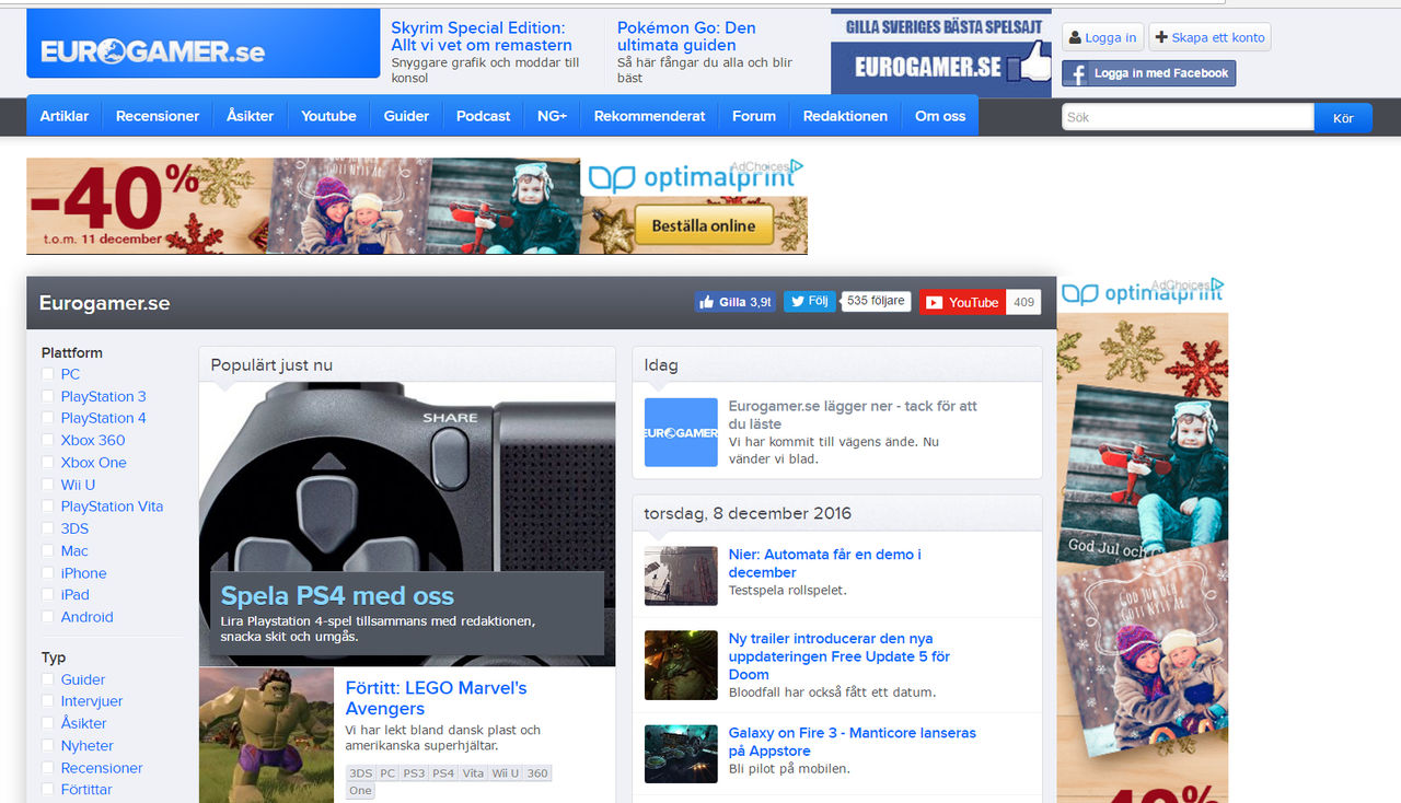 Eurogamer.se stänger ner på måndag