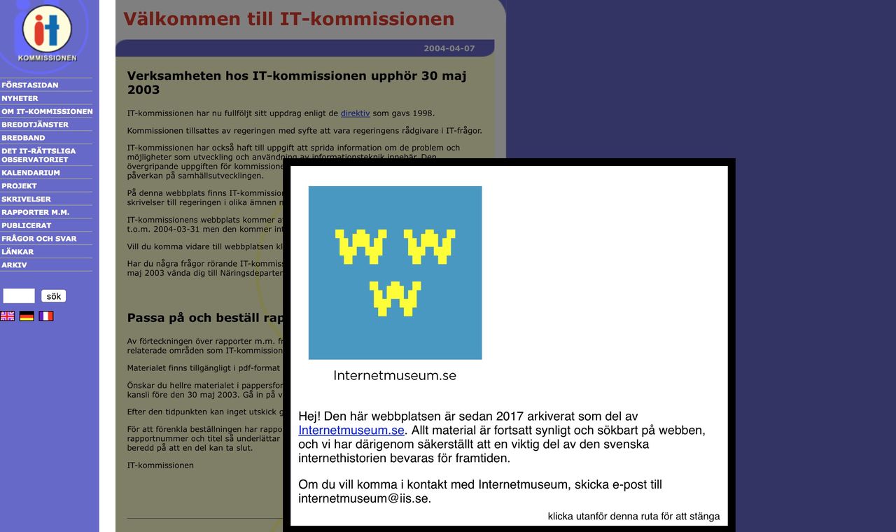 Internetmuseum tar över IT-kommissionens hemsida