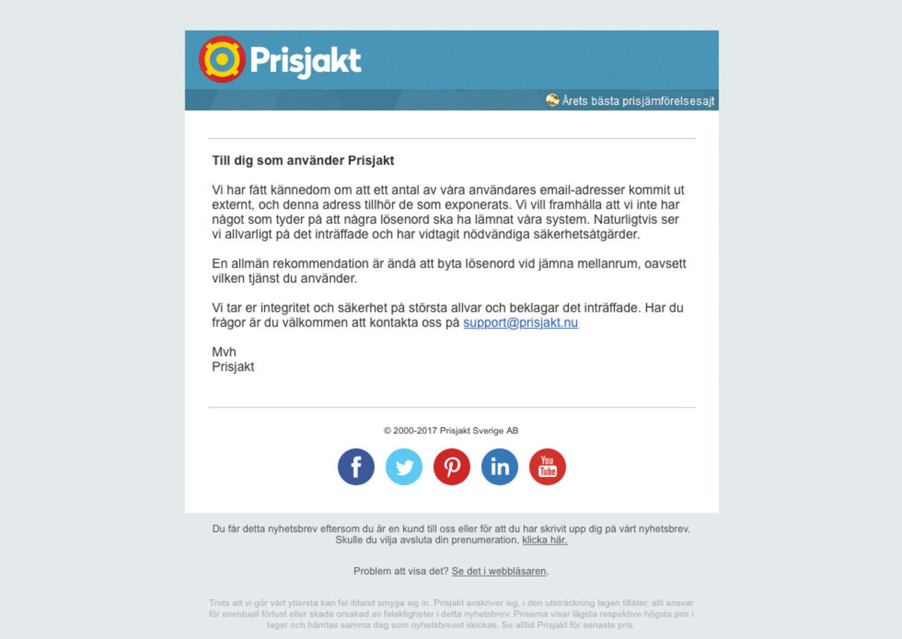 Mailadresser har läckt från Prisjakt