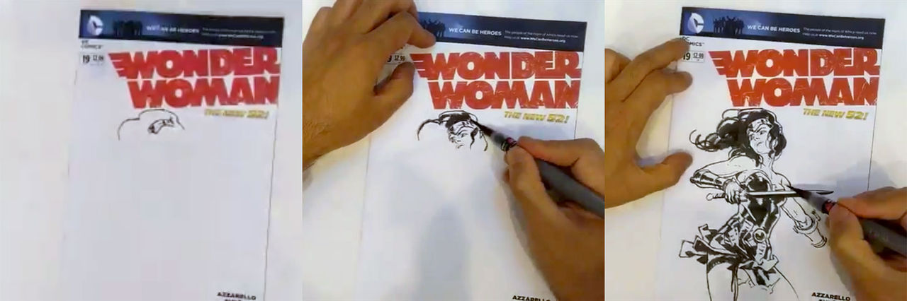 Kim ritar Wonder woman-omslag på frihand