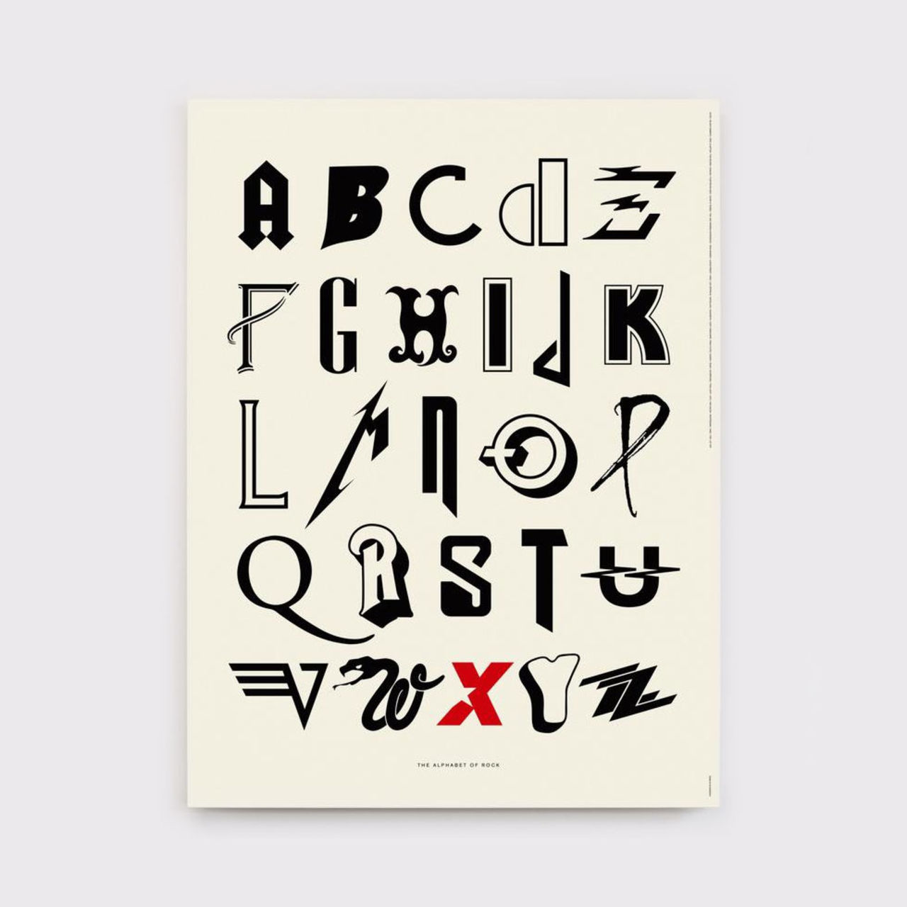 Bokstavsplansch med rockbandsbokstäver
