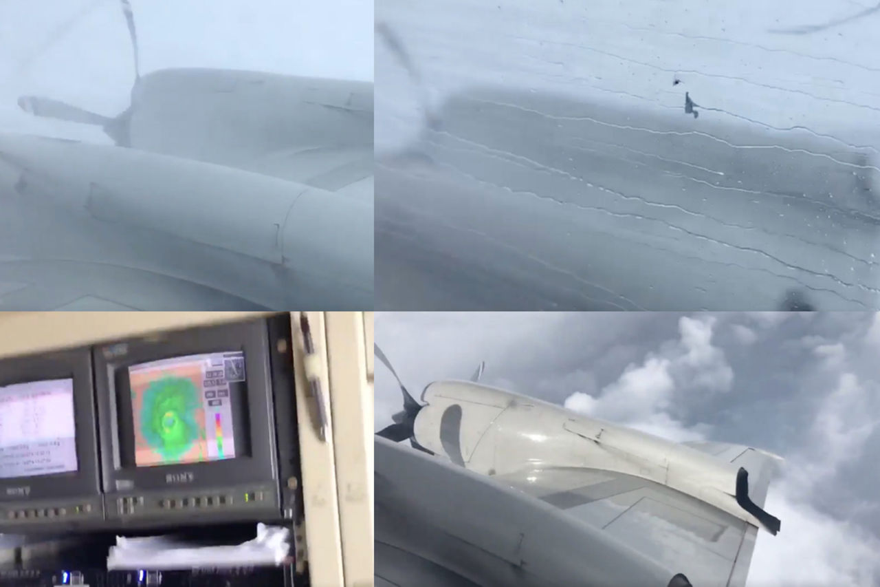 Flygplan flyger genom stormen Irma