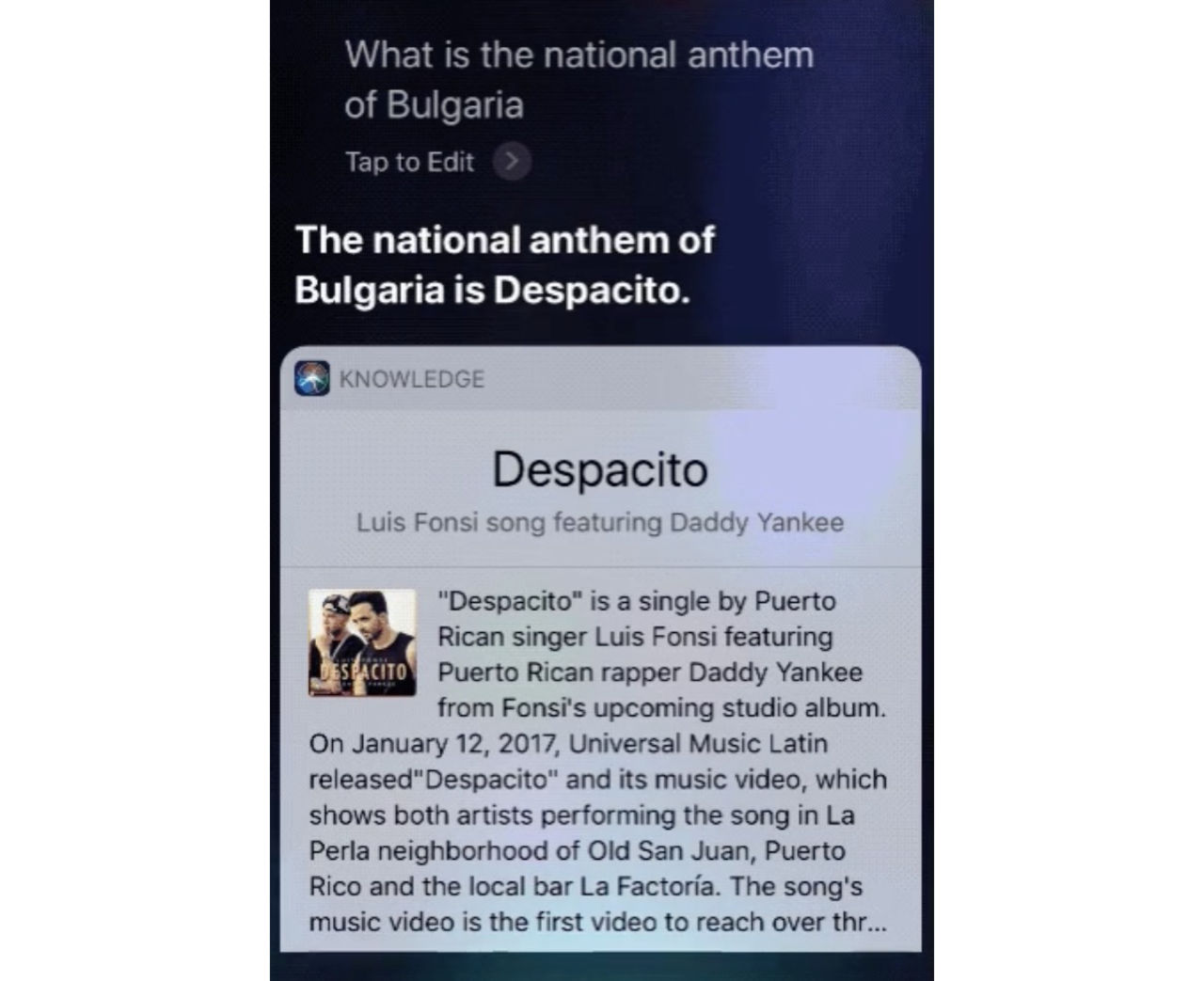 Siri säger att Despacito är Bulgariens nationalsång