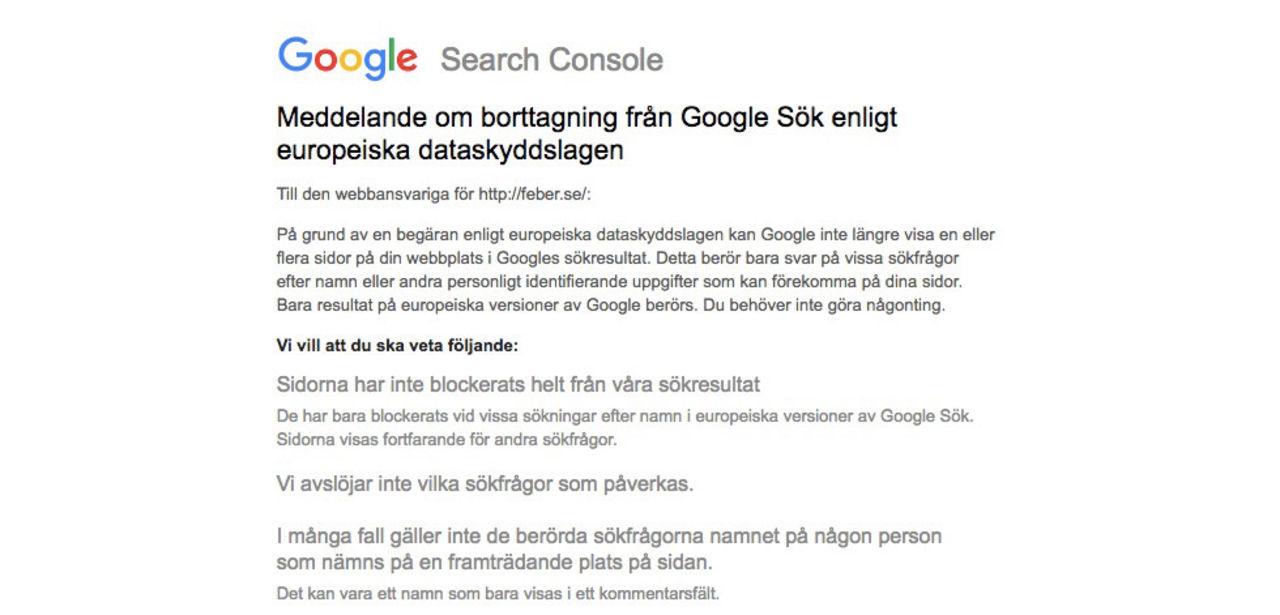 Vi har fått vår första artikel raderad från Googles sökindex