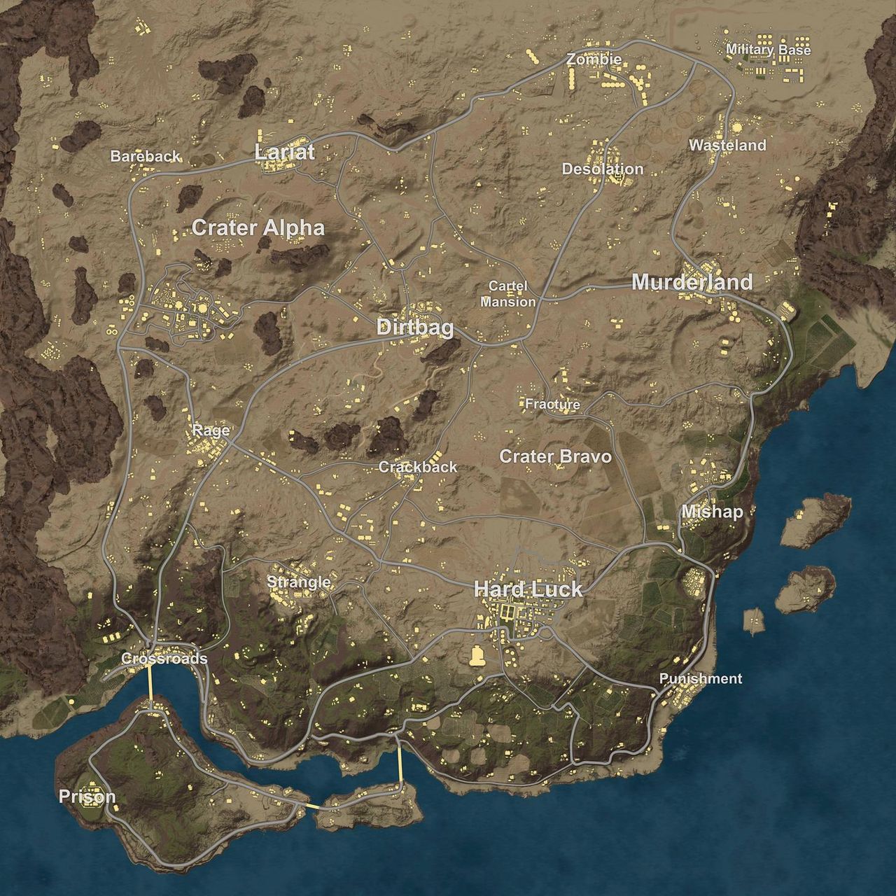 Minimap av ökenkartan till Battlegrounds