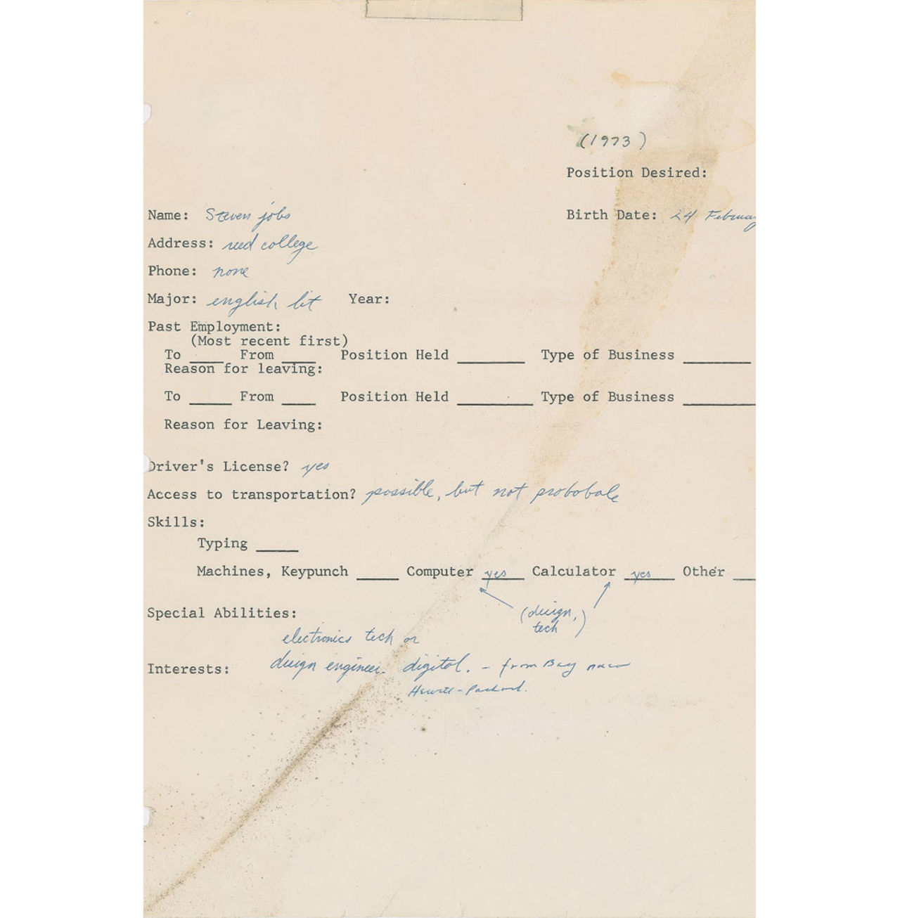 Steve Jobs jobbansökan såld för 174.000 dollar