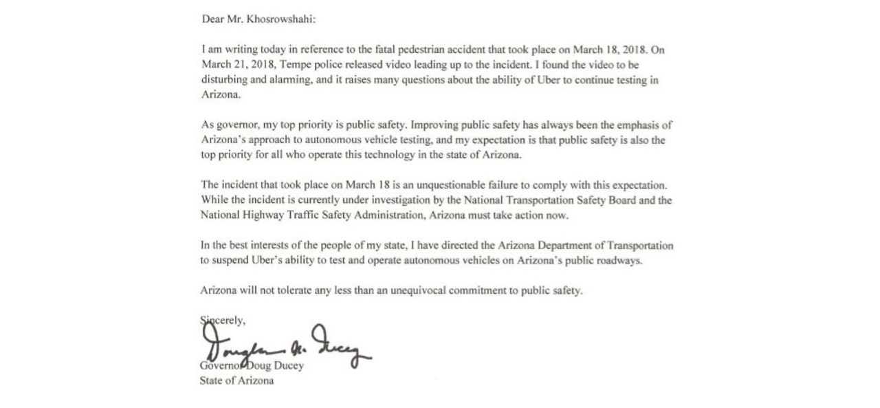 Guvernör drar in Ubers tillstånd i Arizona