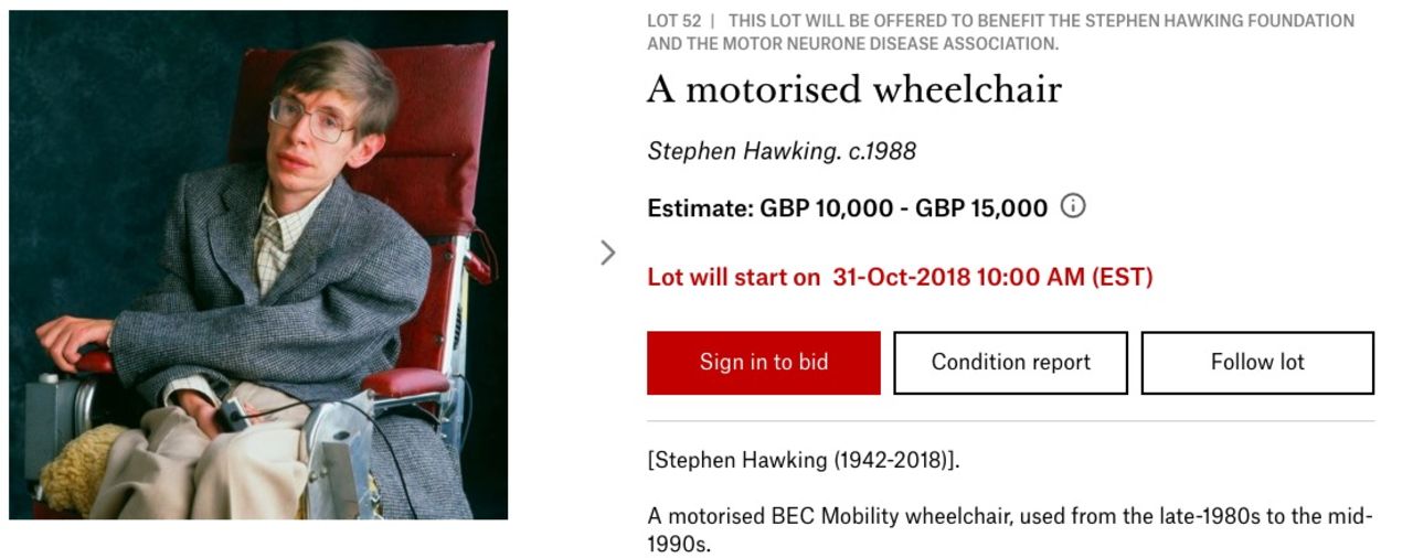 Stephen Hawkings rullstol säljs på auktion