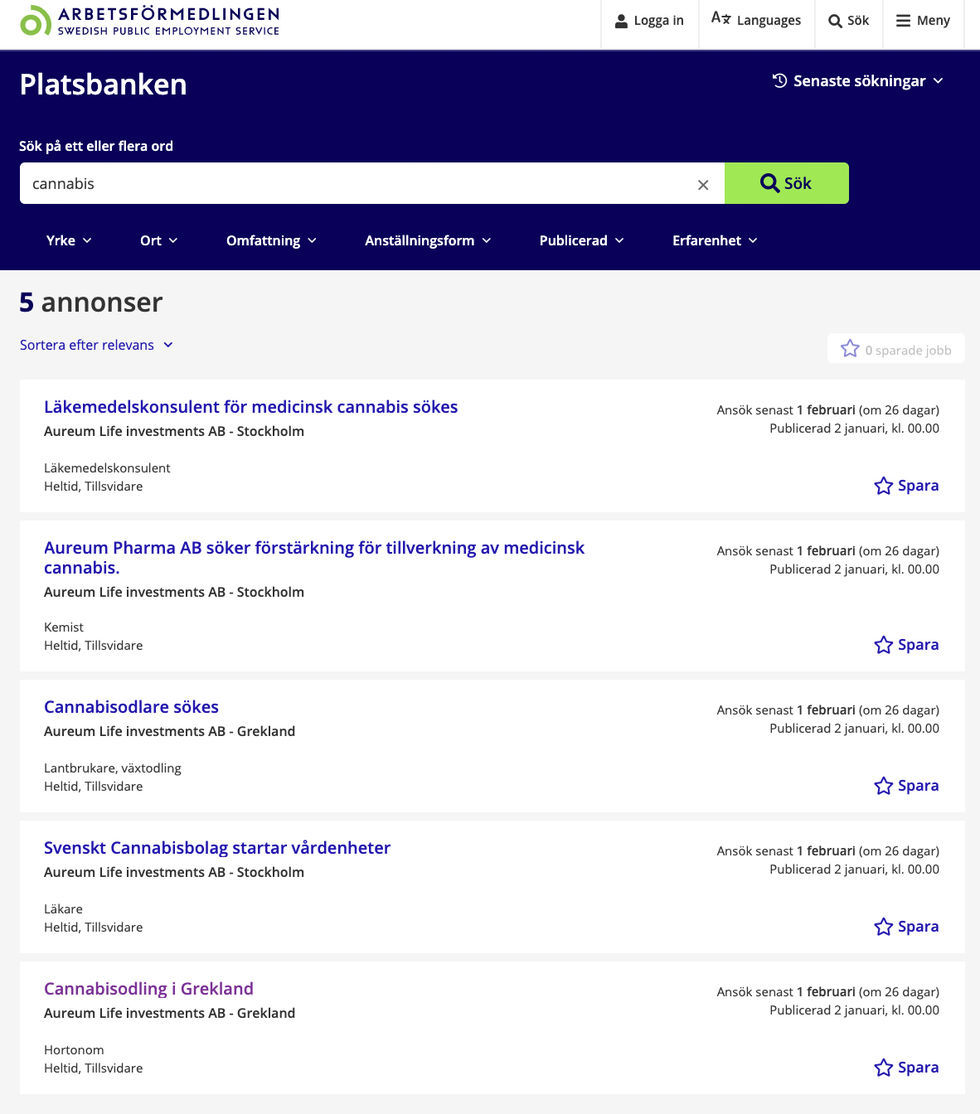 Over 12 000 Har Sokt Cannabis Jobb Via Arbetsformedlingen