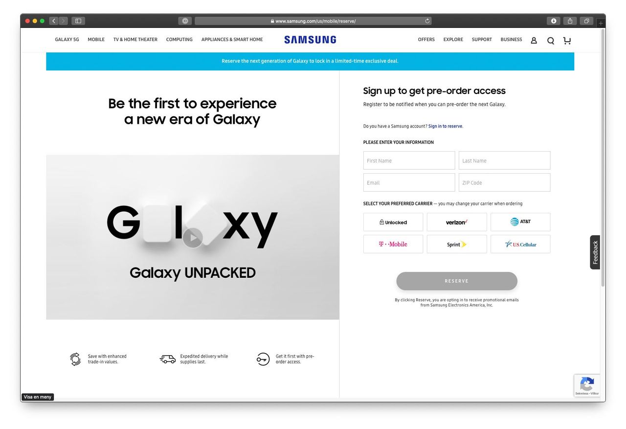 Reservera köplats för att förhandsboka nästa Samsung