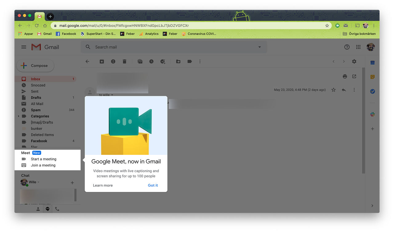 Nu finns Google Meet i Gmail