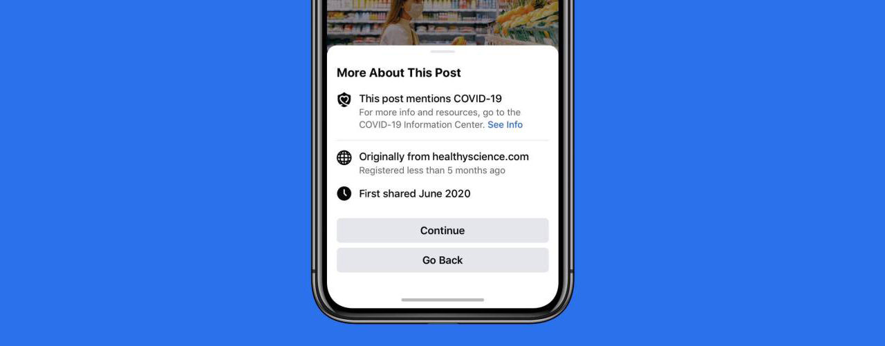 Facebook visar popuper om man delar Covid-19-grejer