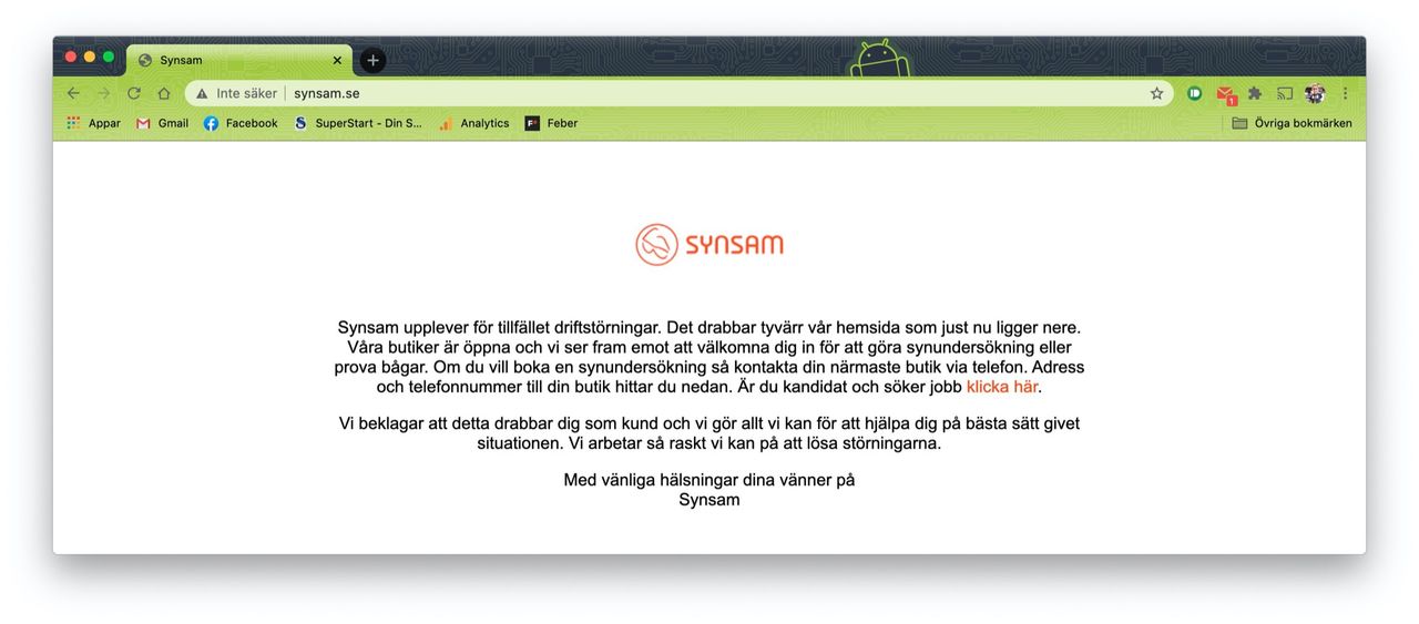 Synsams webb har varit nere i över en vecka