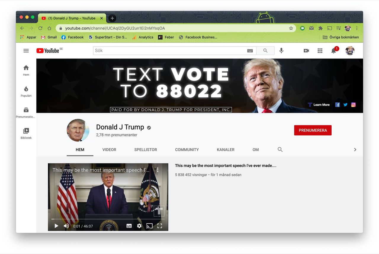 YouTube stänger av uppladdning till Donald Trumps konto