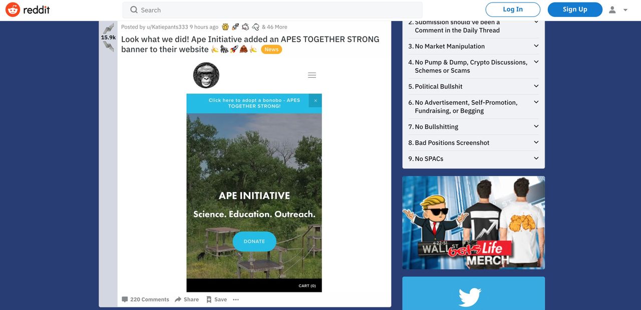 Reddit-armén wallstreetbets adopterar hundratals apor