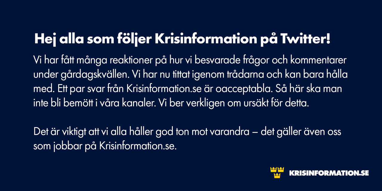 Krisinformation ber om ursäkt för svar på Twitter