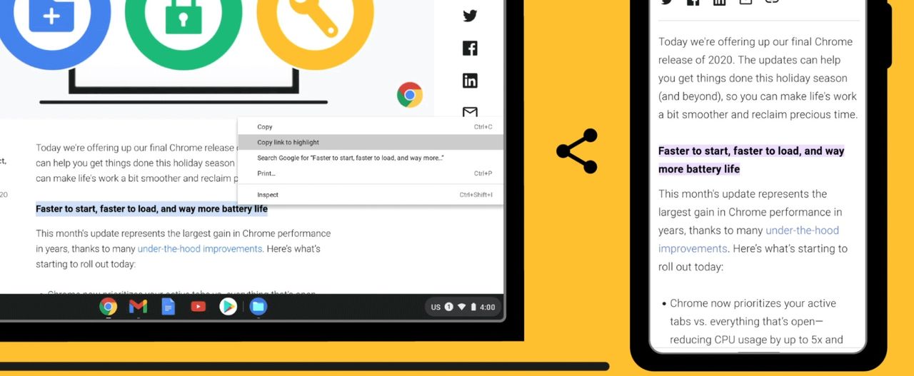 Skapa länkar till textstycken i Chrome 90