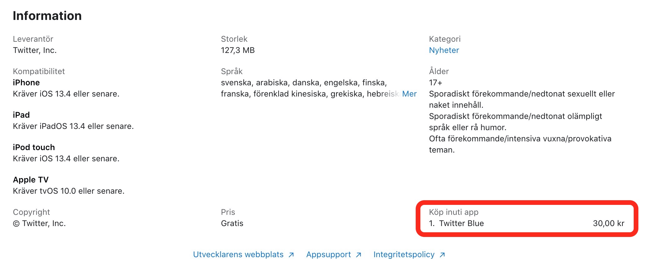 Twitter’s subscription service appears on the App Store.  Costs SEK 30 a month