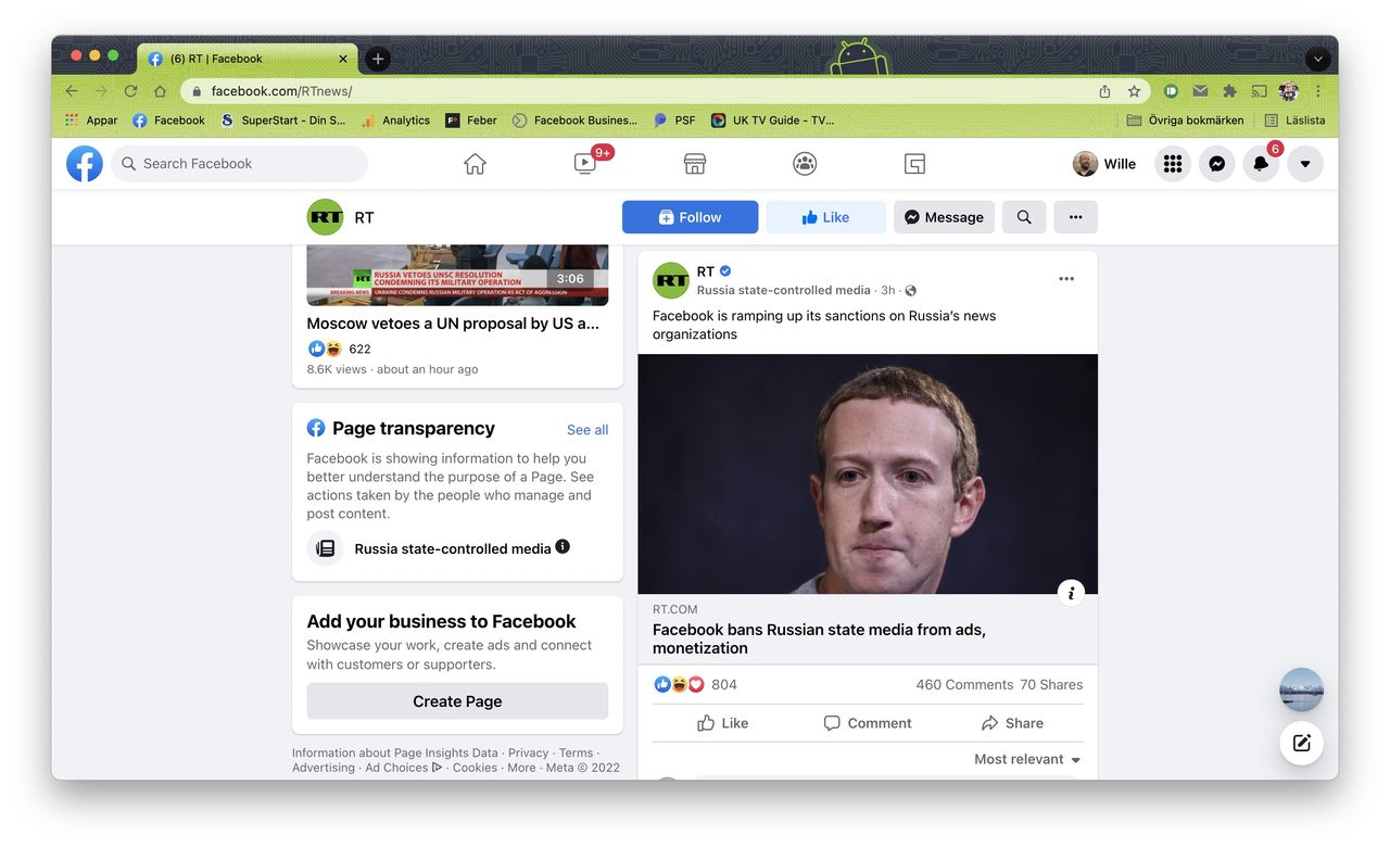 Ryssland stryper hastigheten på Facebook