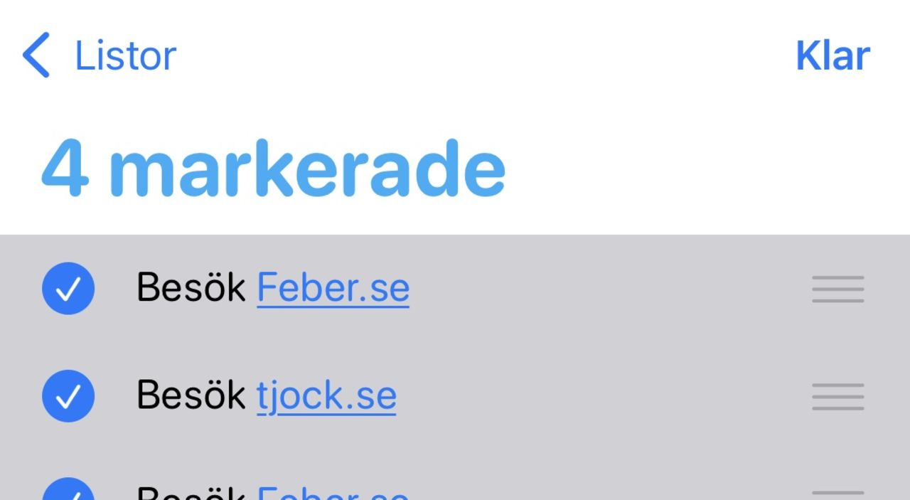 Det går att markera flera listobjekt med två fingrar i iOS