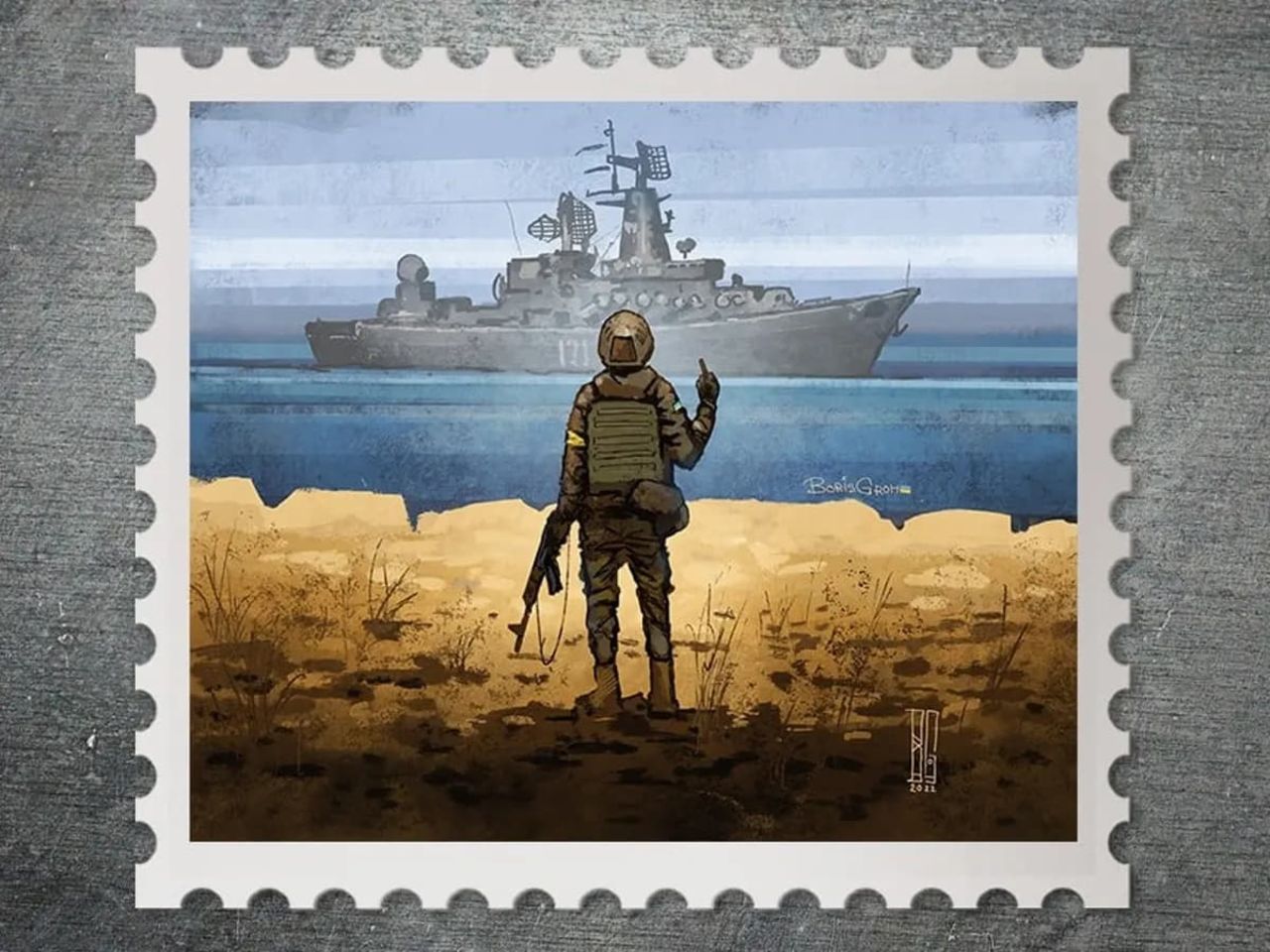 Ukraina ger ut frimärke på soldat som pekar finger åt ryskt stridsfartyg