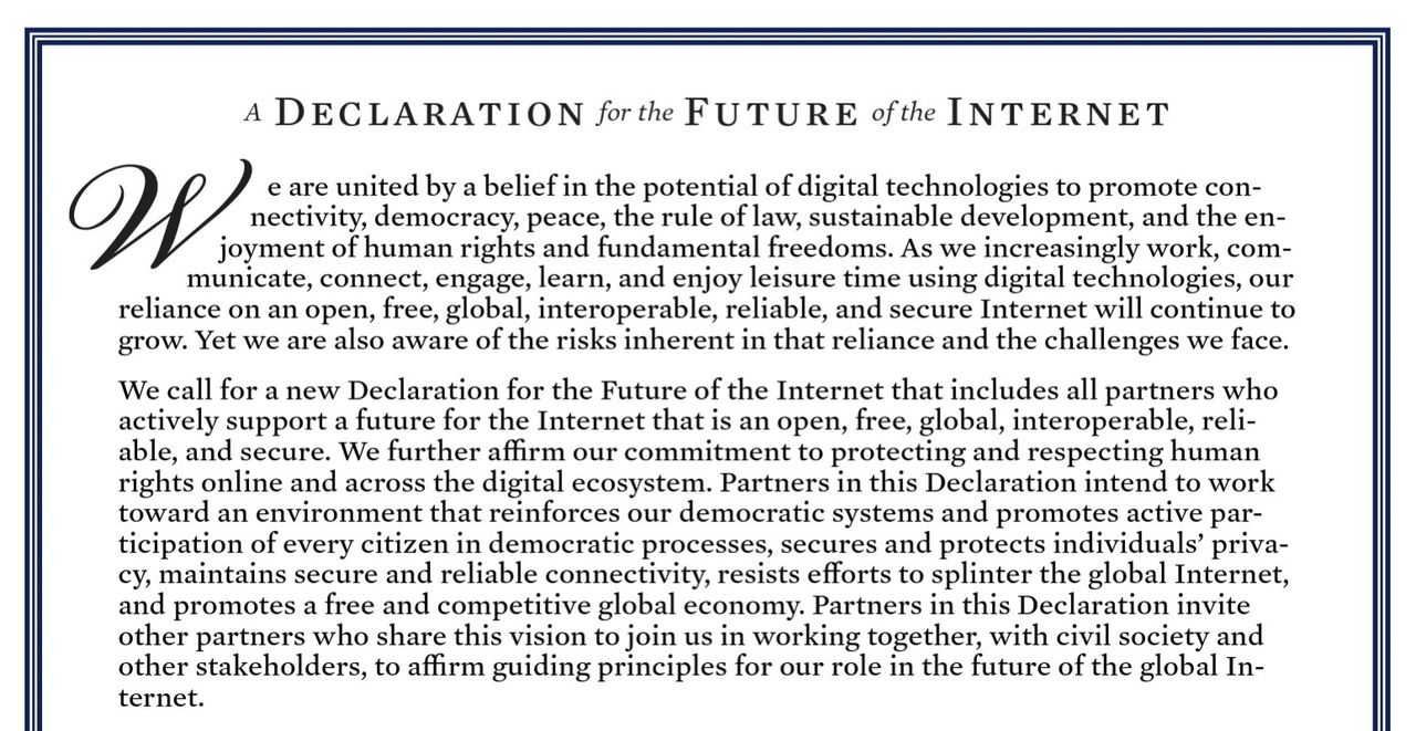 USA, EU och andra lägger fram deklaration för internet
