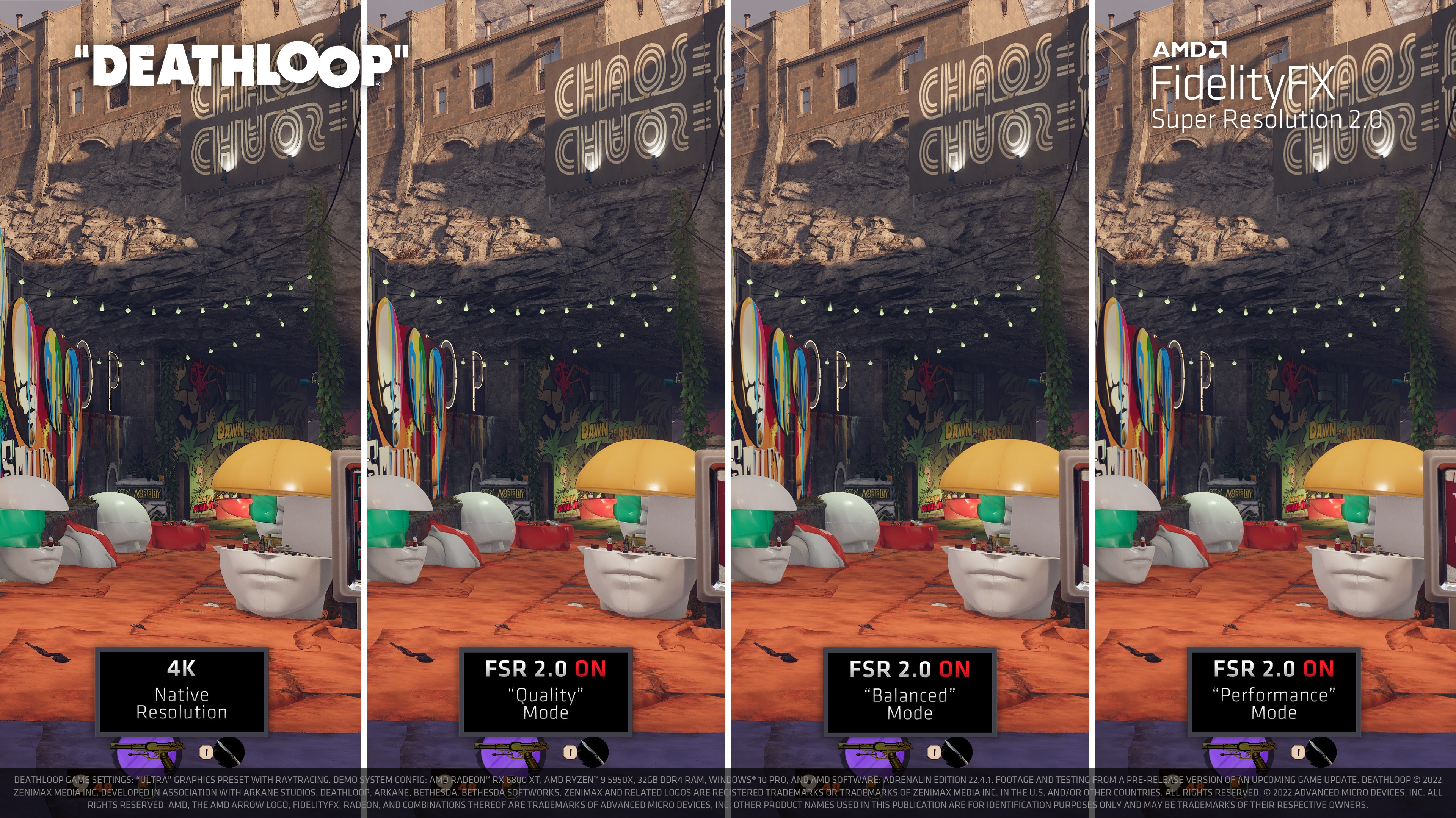 Il primo gioco Deathloop con FSR 2.0 di AMD.  Si dice che la nuova versione della tecnologia di aggiornamento si attenga alla risoluzione 4K.