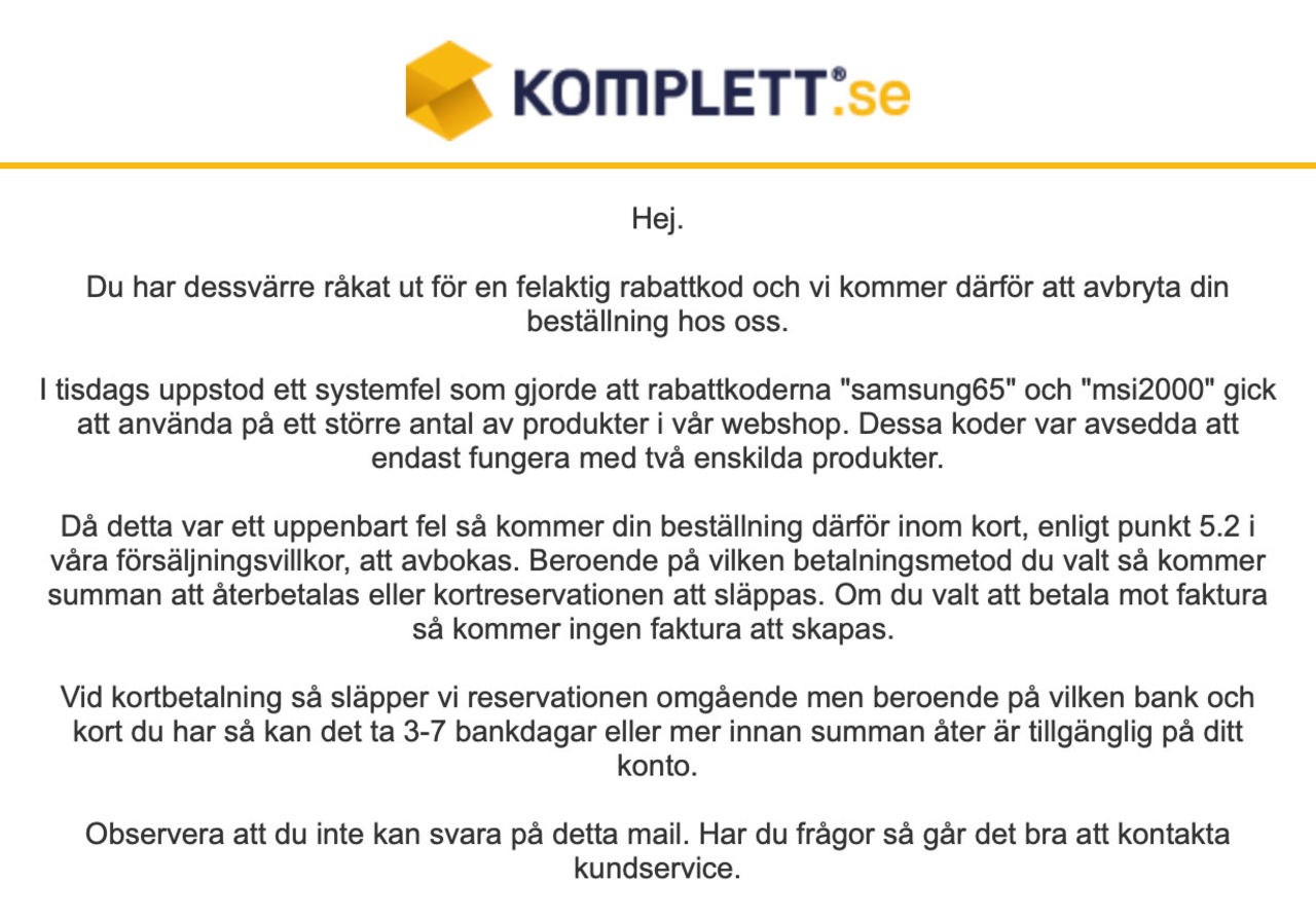 Felaktig rabattkod ställde till det hos Komplett