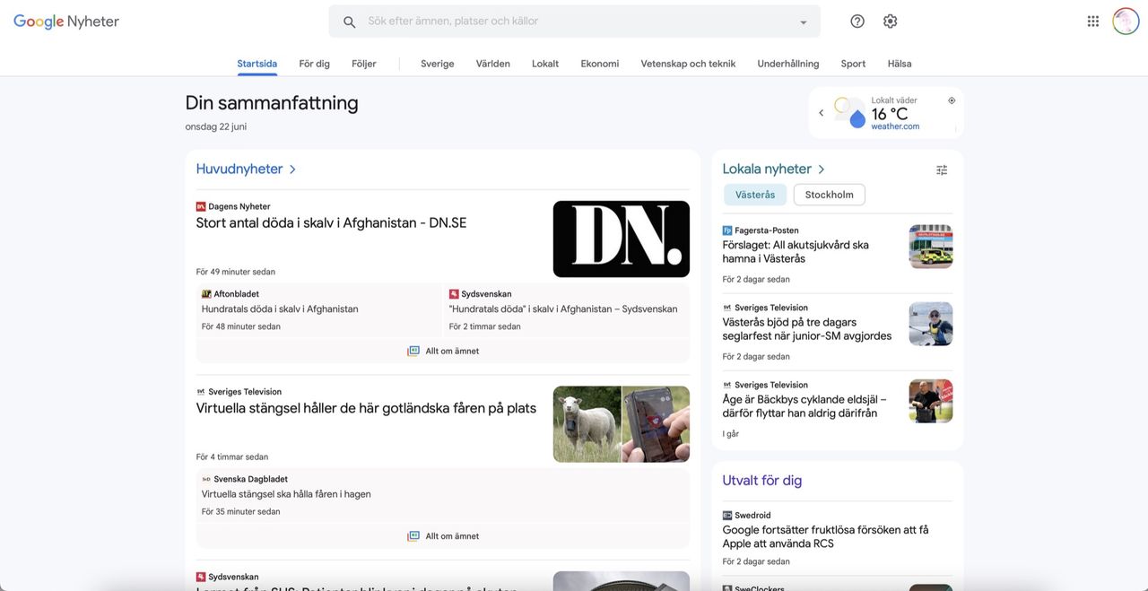 Google Nyheter får nytt utseende på webben