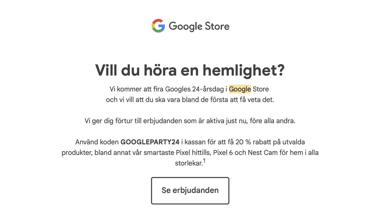 Google Store i Sverige mejlar om rabatt på Pixel 6