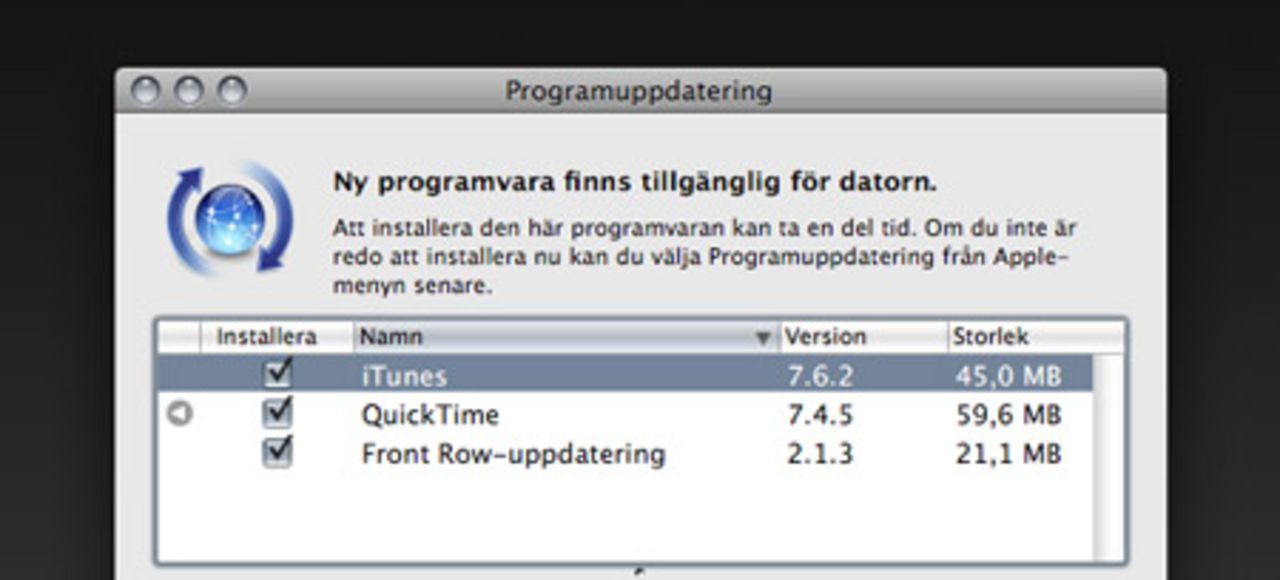 Programuppdatering av iTunes, QuickTime och Front Row