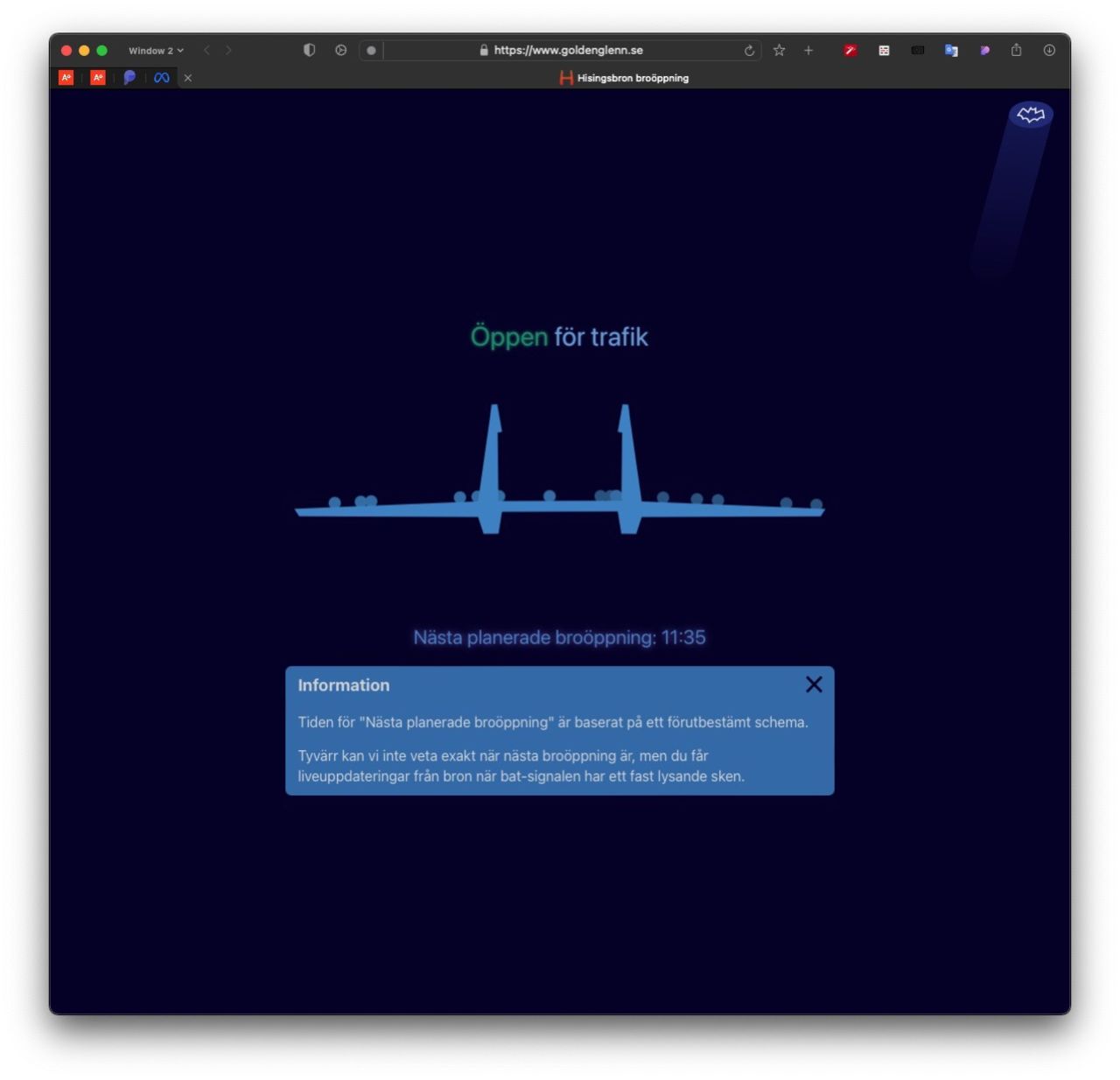 Webbplats håller koll på om Hisingsbron är öppen