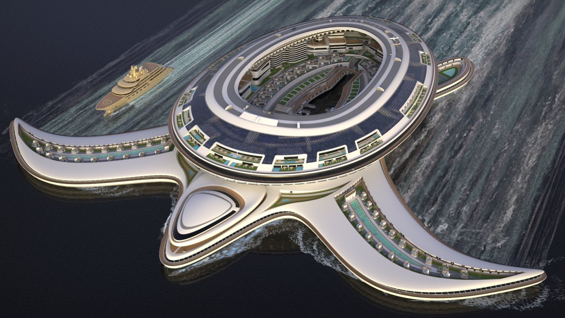 Flytande stad formad som en sköldpadda