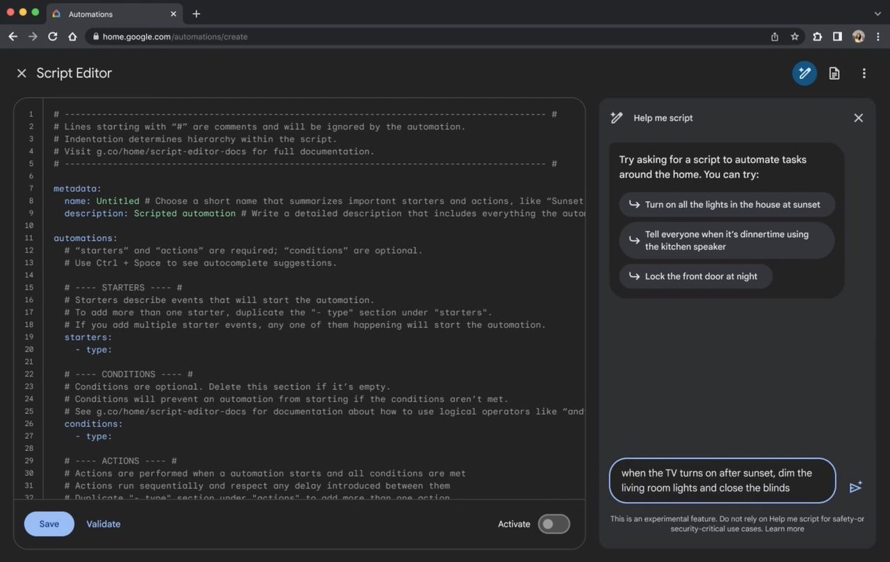 Google Homes skriptredigerare får generativ AI