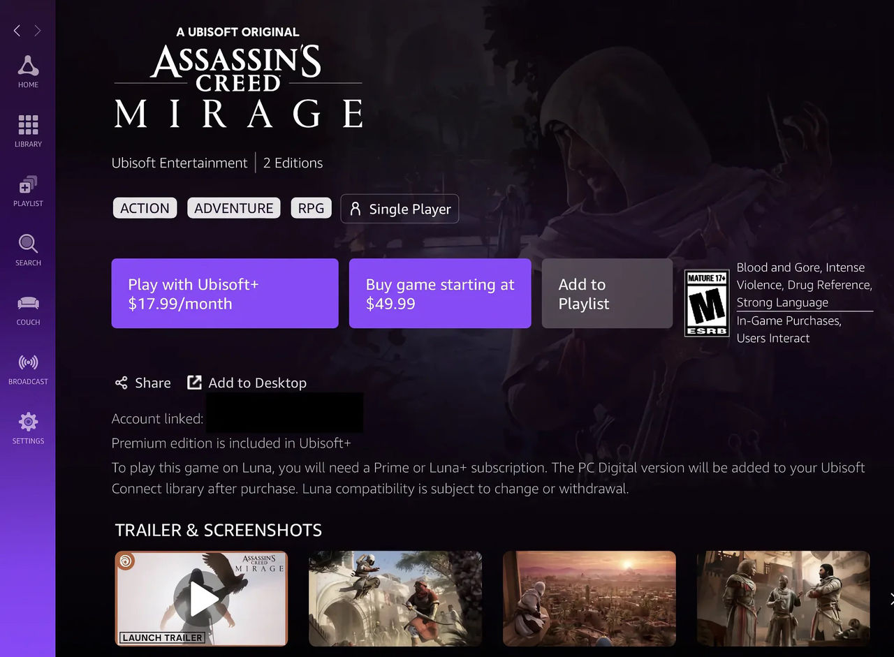 Amazons speltjänst Luna börjar sälja spel